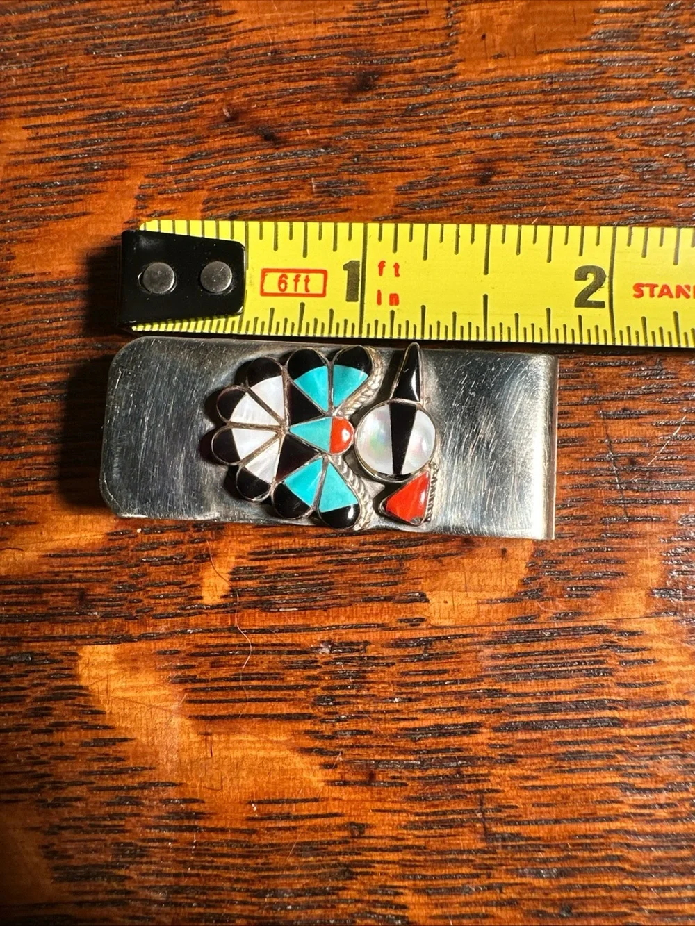 VTG Native American Sterling Silver MOP Turquoise Peyote Water Bird Money Clip